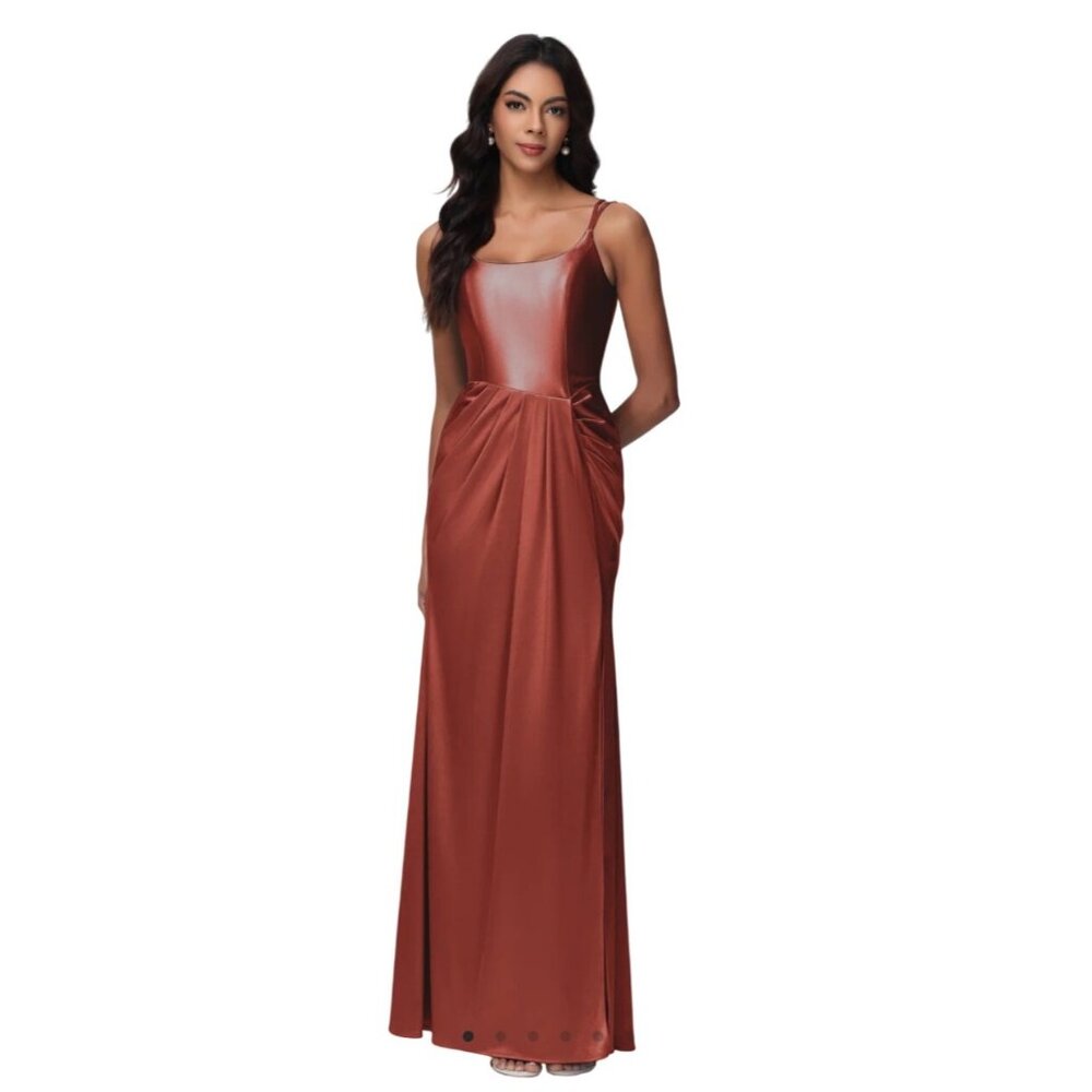 Cicinia Bridesmaid Satin Maxi Dress Sz 0 NWT Rust Terracotta Draped Square Neck